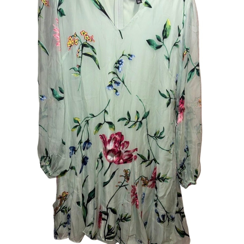 Express Floral Mini Dress Mint Green V-Neck Long Sleeve Ruffle Womens Size 10